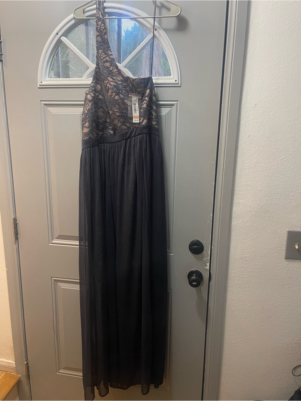 Elegant Charcoal/ Nude Lace One Shoulder Maxi Dress with Chiffon Skirt